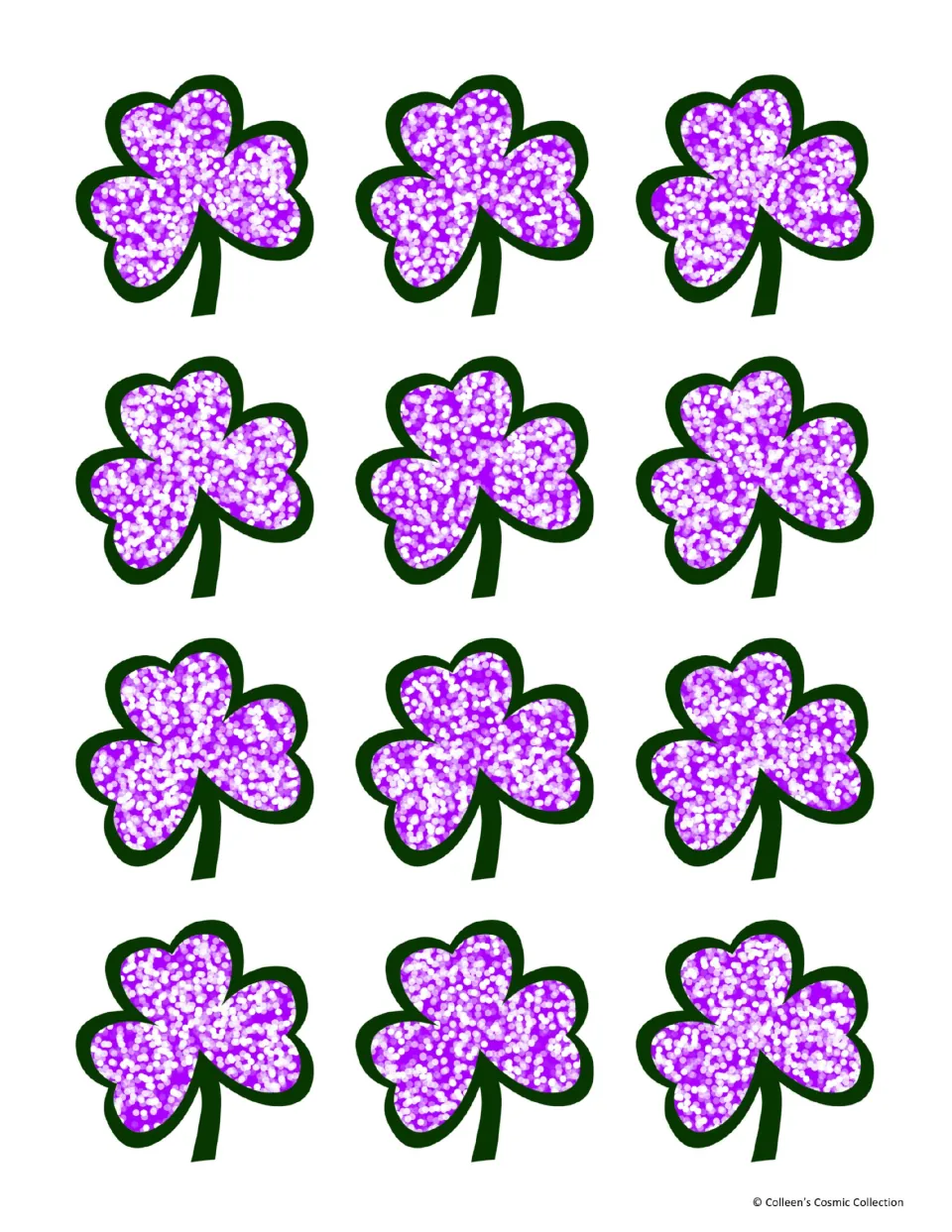 Colour card backs: twelve purple glitter shamrocks with dark green outlines on white, to print behind the game cards