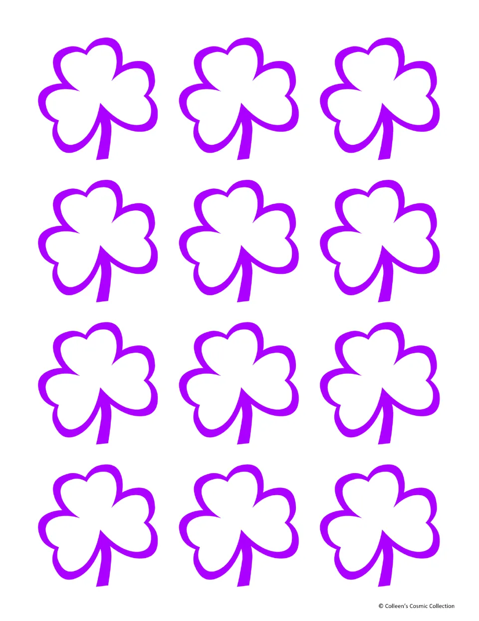 Minimal-colour card backs: twelve purple shamrock outlines on white, to print on the reverse of the fact and product cards