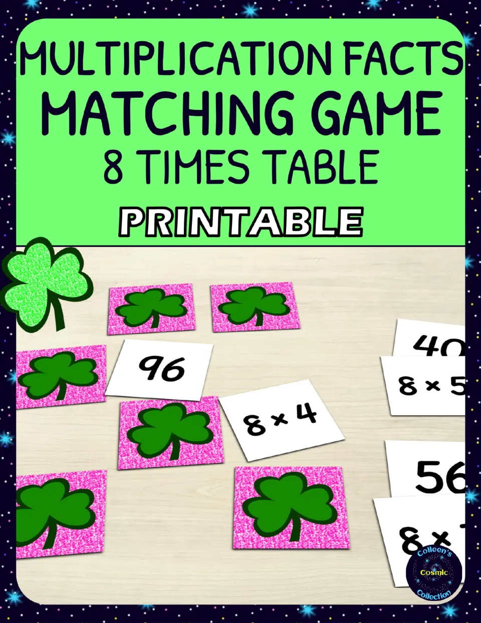 Cover: Multiplication Facts Matching Game, 8 Times Table, Printable, showing pink shamrock cards and 8 x 4 and 96 cards