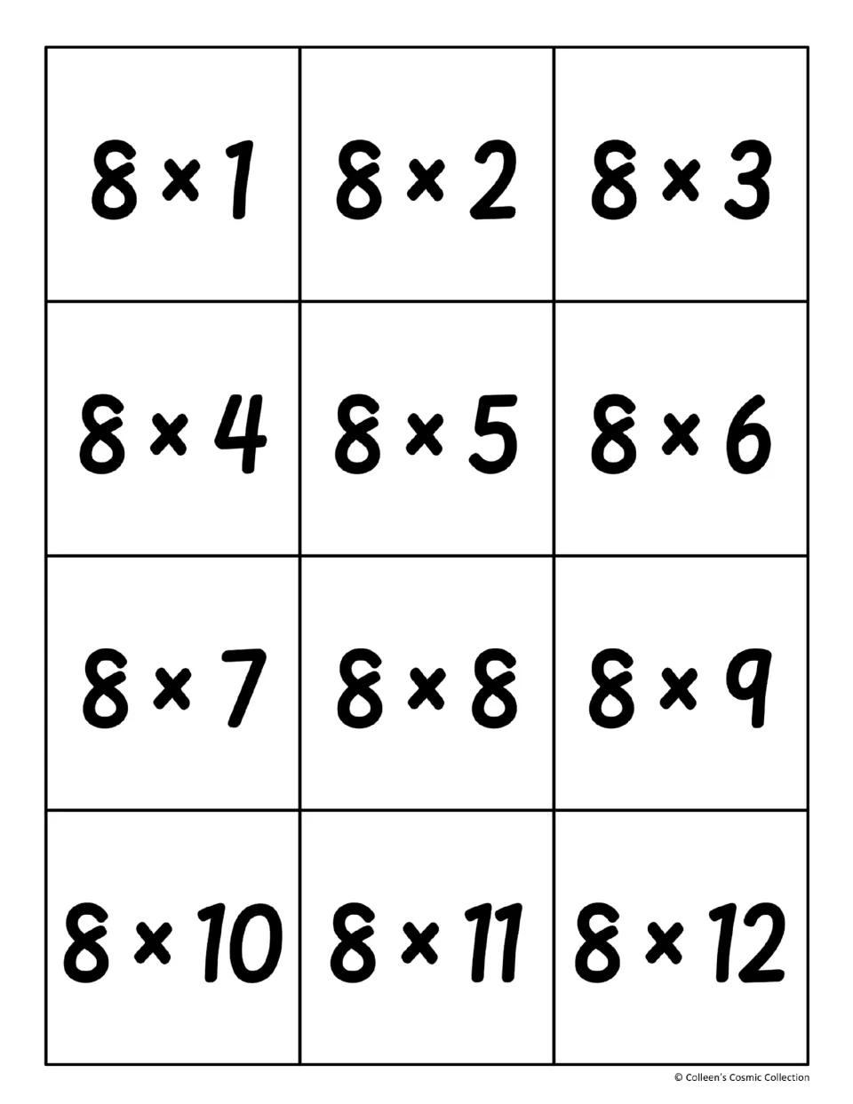 8 times table fact cards: 12 cut-out cards showing 8 x 1 through 8 x 12 for students to match with their products