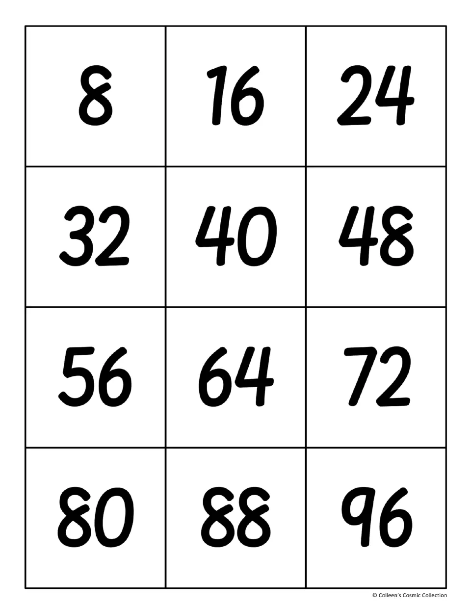 8 times table product cards: 12 cut-out cards with the multiples 8, 16, 24, 32, 40, 48, 56, 64, 72, 80, 88 and 96