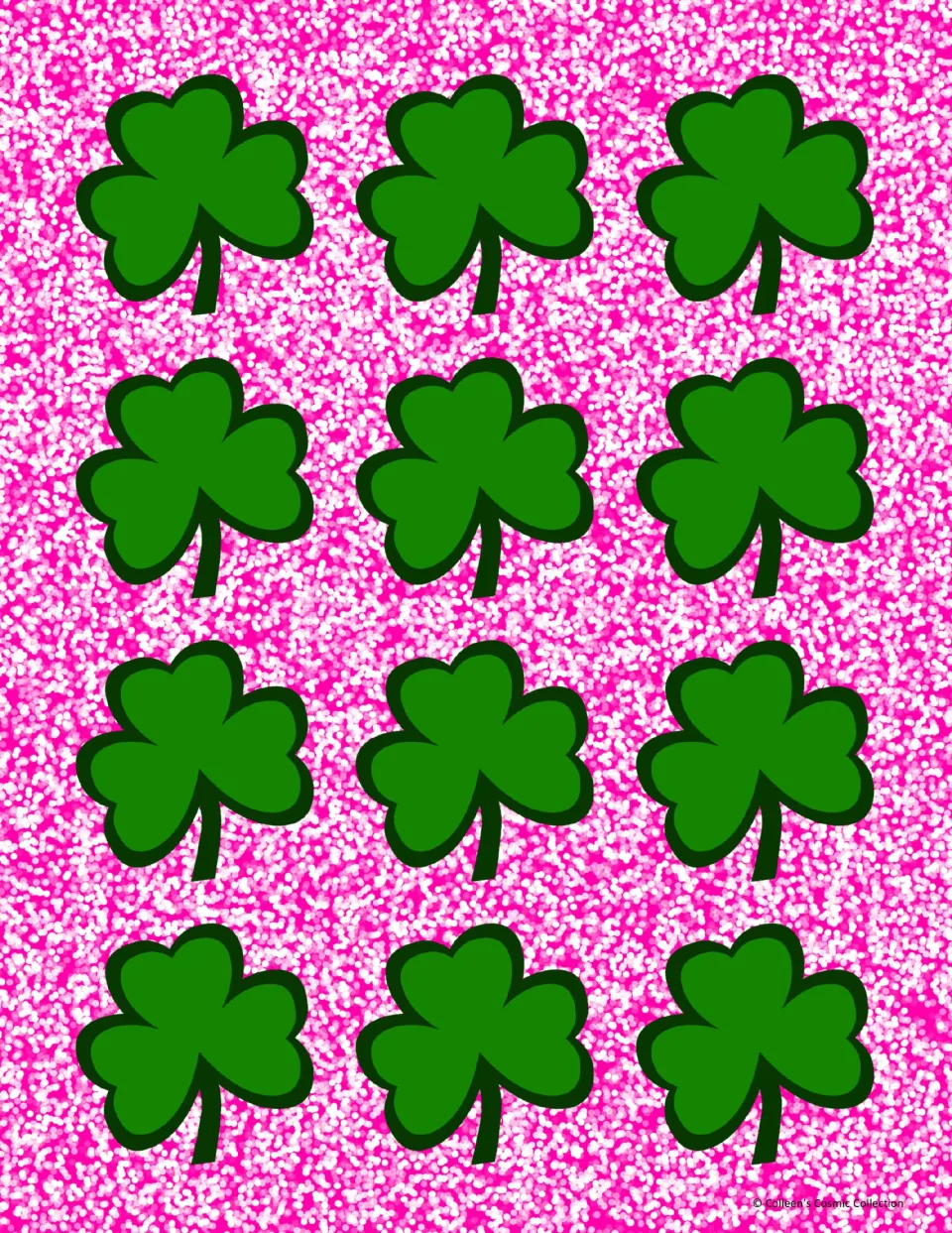 Full colour card backs: 12 green shamrocks on a pink glitter background, printed on the reverse of the cards