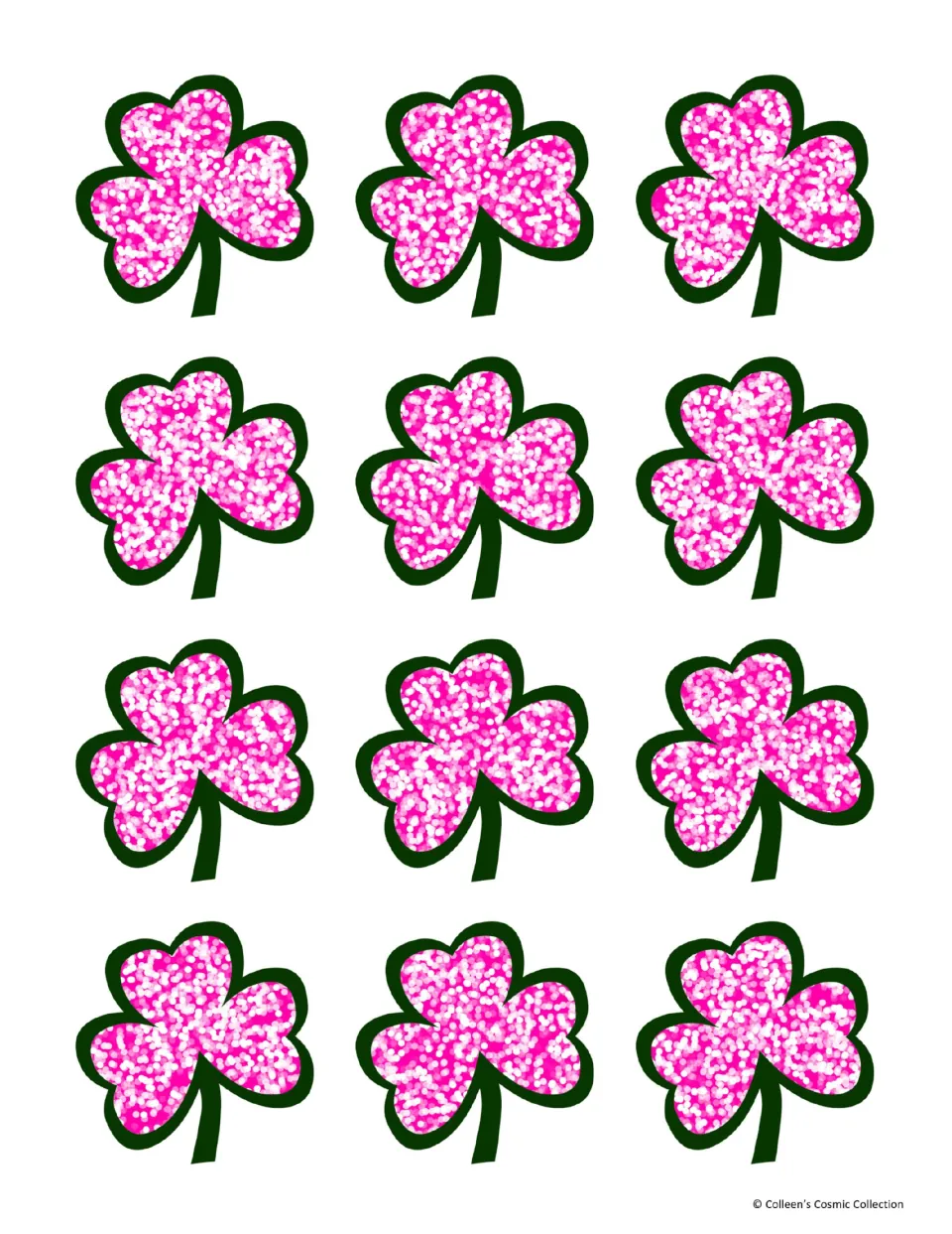 Colour card backs: 12 pink glitter shamrocks with dark green outlines on white, for the reverse side of the cards