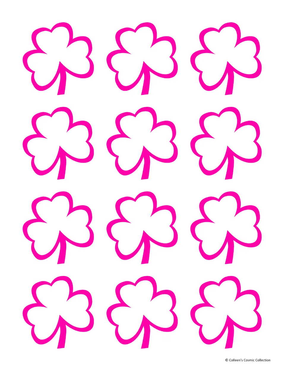 Minimal colour card backs: 12 shamrocks outlined in pink on white, for printing on the reverse side of the game cards