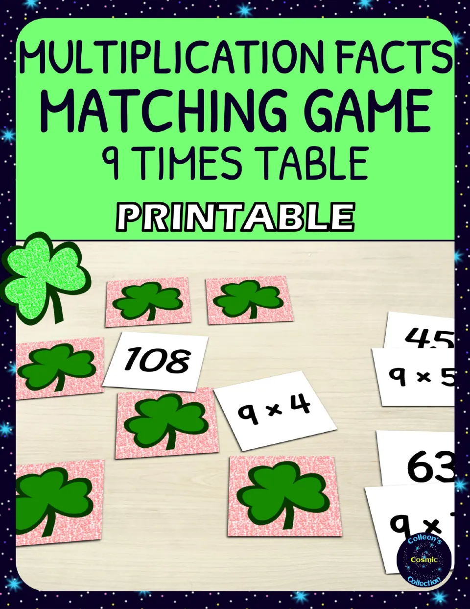 Cover: 9 times table matching game, printable, with fact cards like 9 x 4 and answer cards like 108 beside shamrock backs