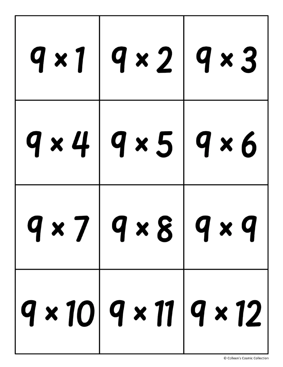 Multiplication fact cards: twelve cut-out cards showing 9 x 1 through 9 x 12 for students to match with their products