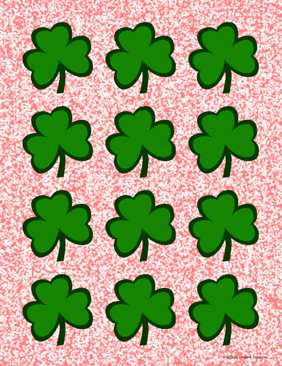 Full colour card backs: twelve green shamrocks on a pink speckled background, printed on the reverse of the game cards