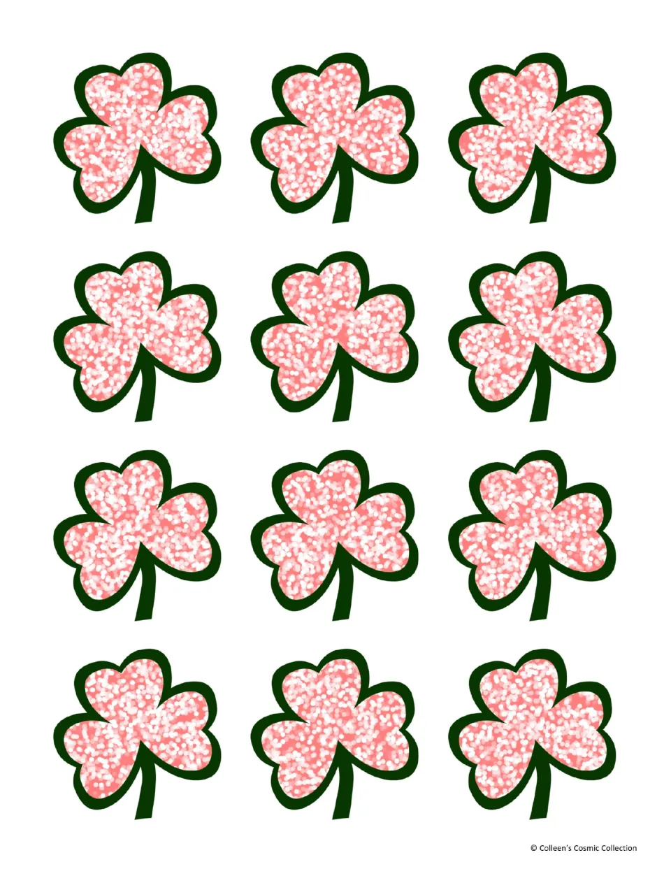 Colour card backs: twelve pink speckled shamrocks with dark green outlines on white, for the reverse of the matching cards