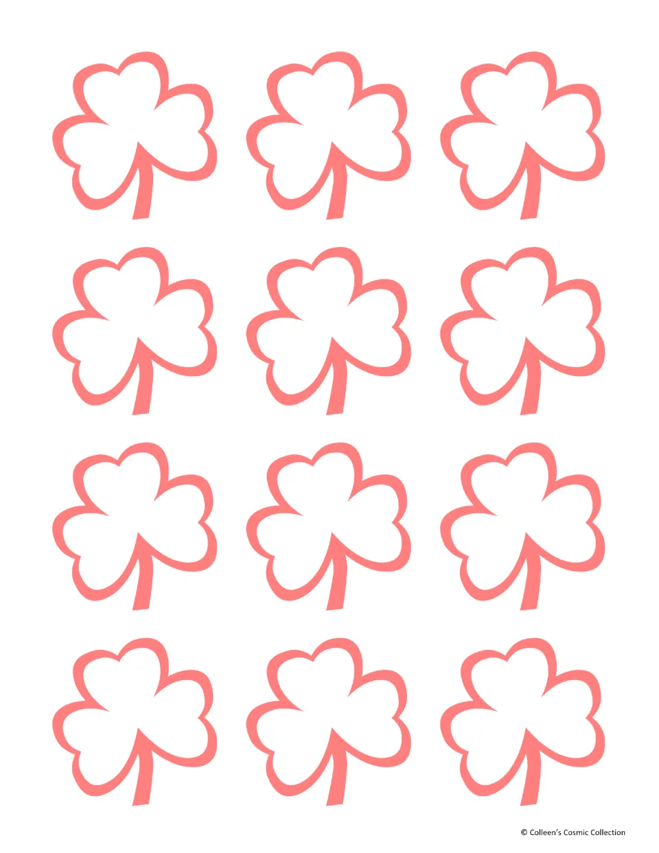 Minimal colour card backs: twelve shamrock outlines drawn in pink on white, to print on the reverse of the fact cards