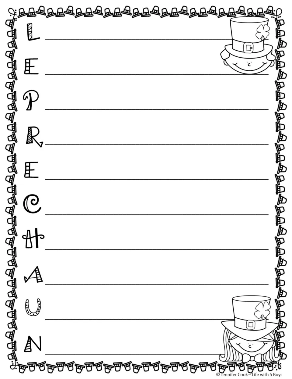 Acrostic poem template using the letters in 'LEPRECHAUN' as prompts for students to write words or phrases