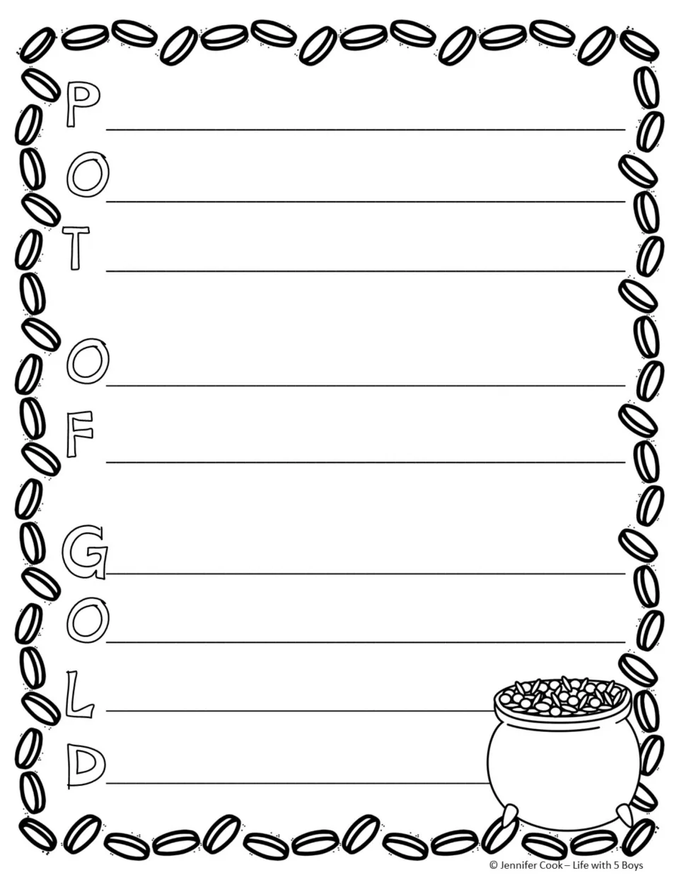 Acrostic poem template using the letters in 'POT OF GOLD' as prompts for students to write words or phrases
