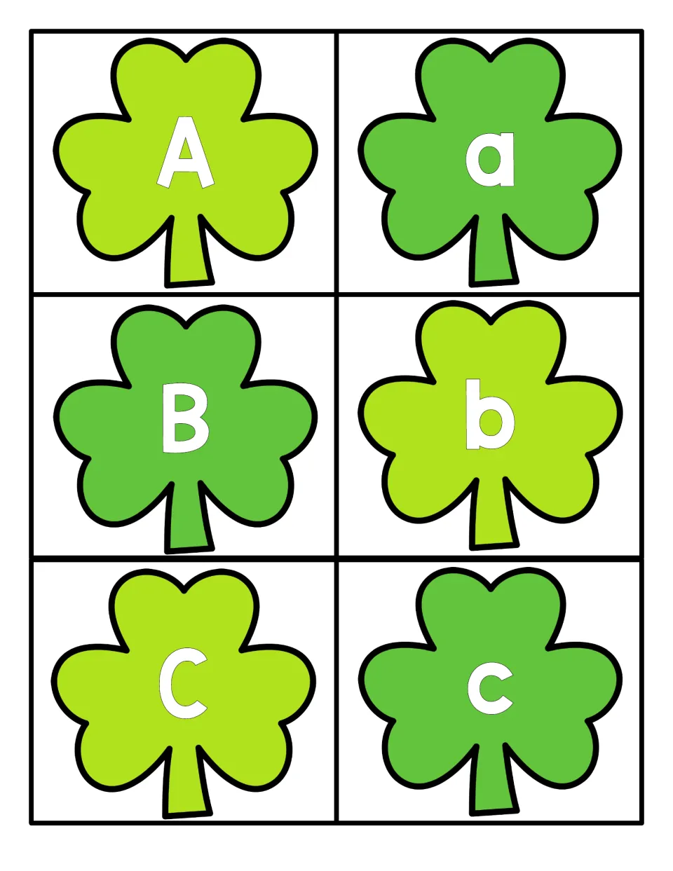 Alphabet cards 1–6 for St. Patrick's Day letter matching: uppercase and lowercase A, B, and C on shamrocks