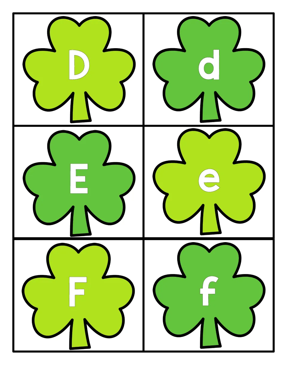Alphabet cards 7–12 for St. Patrick's Day letter matching: uppercase and lowercase D, E, and F on shamrocks