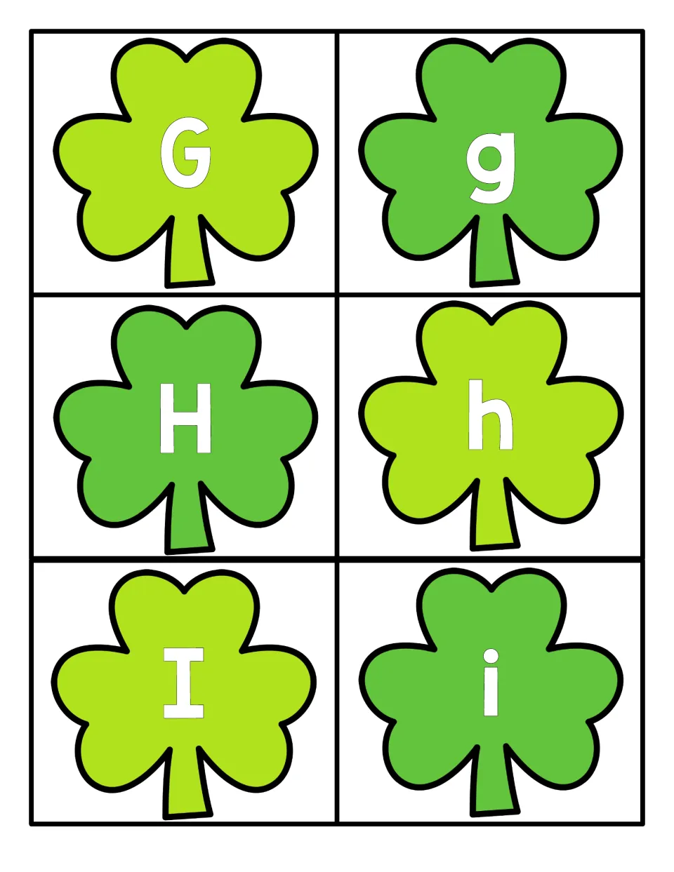 Alphabet cards 13–18 for St. Patrick's Day letter matching: uppercase and lowercase G, H, and I on shamrocks