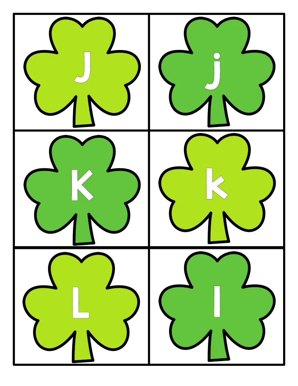 Alphabet cards 19–24 for St. Patrick's Day letter matching: uppercase and lowercase J, K, and L on shamrocks