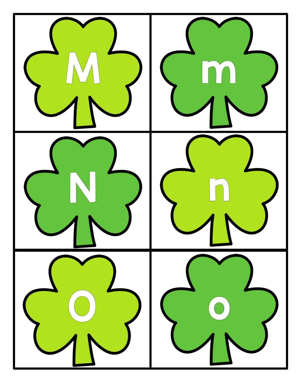 Alphabet cards 25–30 for St. Patrick's Day letter matching: uppercase and lowercase M, N, and O on shamrocks