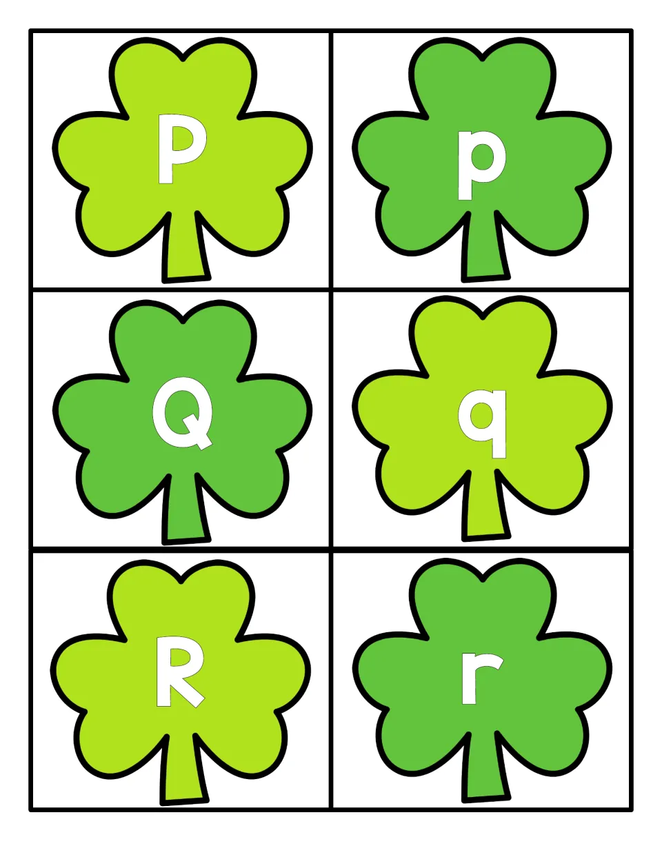 Alphabet cards 31–36 for St. Patrick's Day letter matching: uppercase and lowercase P, Q, and R on shamrocks