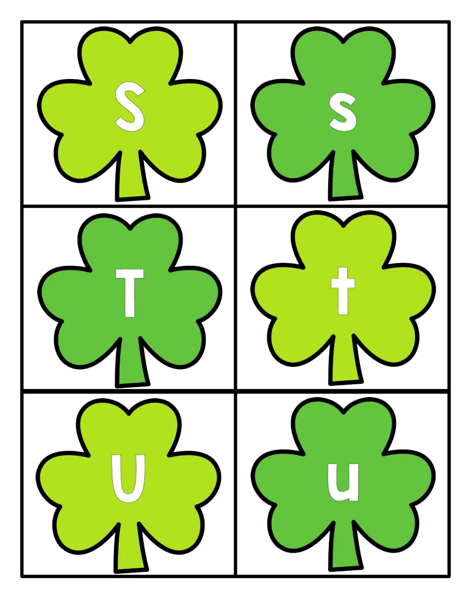 Alphabet cards 37–42 for St. Patrick's Day letter matching: uppercase and lowercase S, T, and U on shamrocks