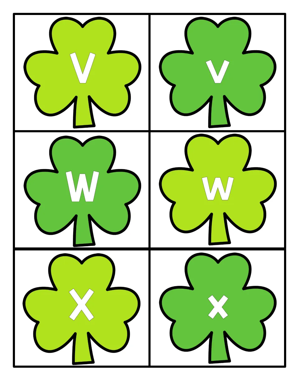 Alphabet cards 43–48 for St. Patrick's Day letter matching: uppercase and lowercase V, W, and X on shamrocks