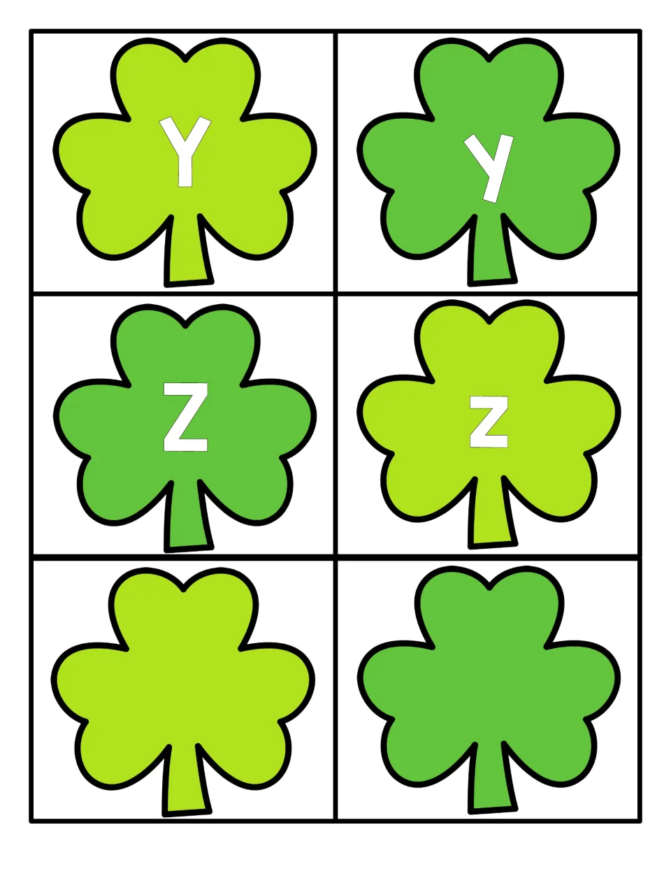 Final alphabet card sheet: uppercase and lowercase Y and Z for letter matching, plus two blank shamrocks