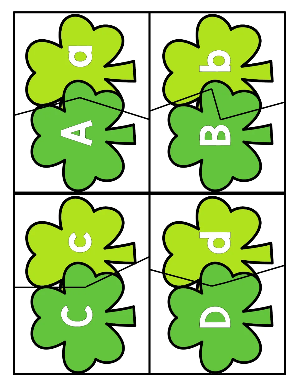 Alphabet puzzles A–D: four two-piece shamrock puzzles pairing uppercase A, B, C, D with lowercase a, b, c, d