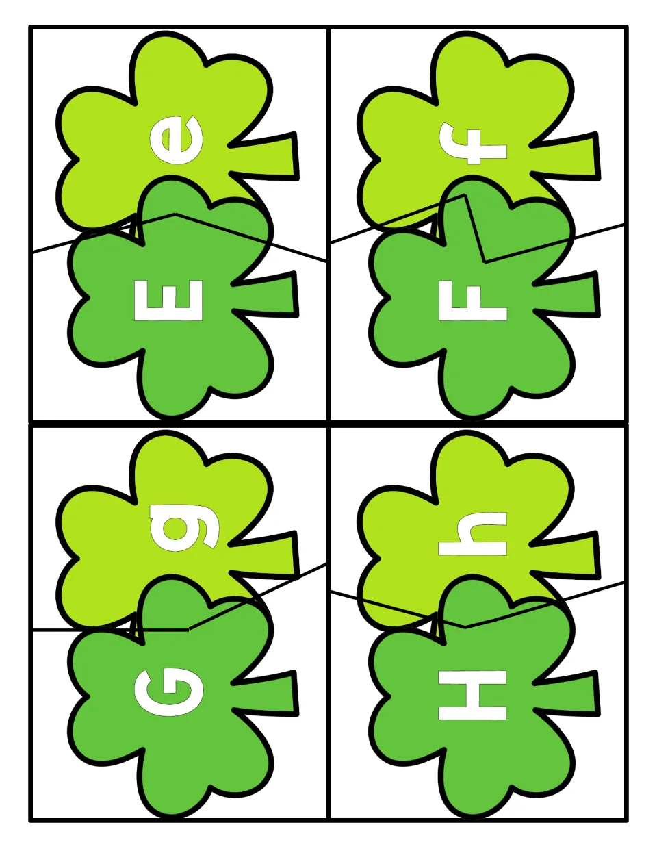 Alphabet puzzles E–H: four two-piece shamrock puzzles pairing uppercase E, F, G, H with lowercase e, f, g, h