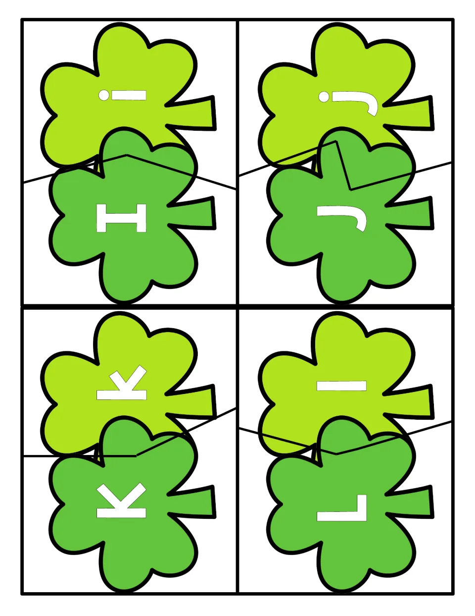 Alphabet puzzles I–L: four two-piece shamrock puzzles pairing uppercase I, J, K, L with lowercase i, j, k, l