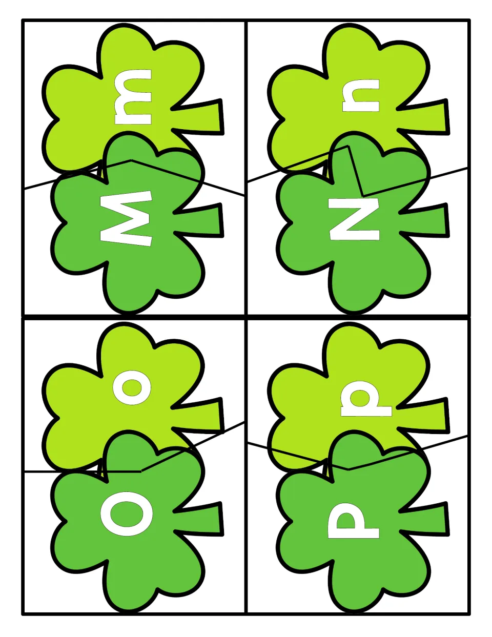 Alphabet puzzles M–P: four two-piece shamrock puzzles pairing uppercase M, N, O, P with lowercase m, n, o, p