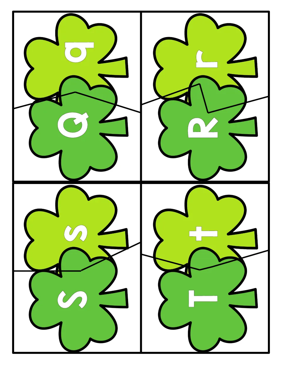 Alphabet puzzles Q–T: four two-piece shamrock puzzles pairing uppercase Q, R, S, T with lowercase q, r, s, t