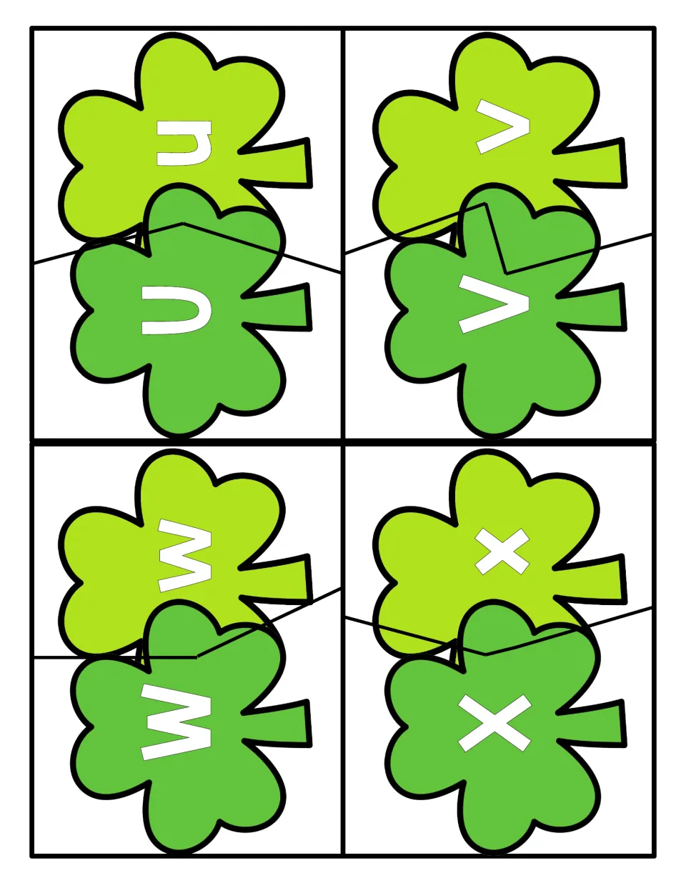 Alphabet puzzles U–X: four two-piece shamrock puzzles pairing uppercase U, V, W, X with lowercase u, v, w, x