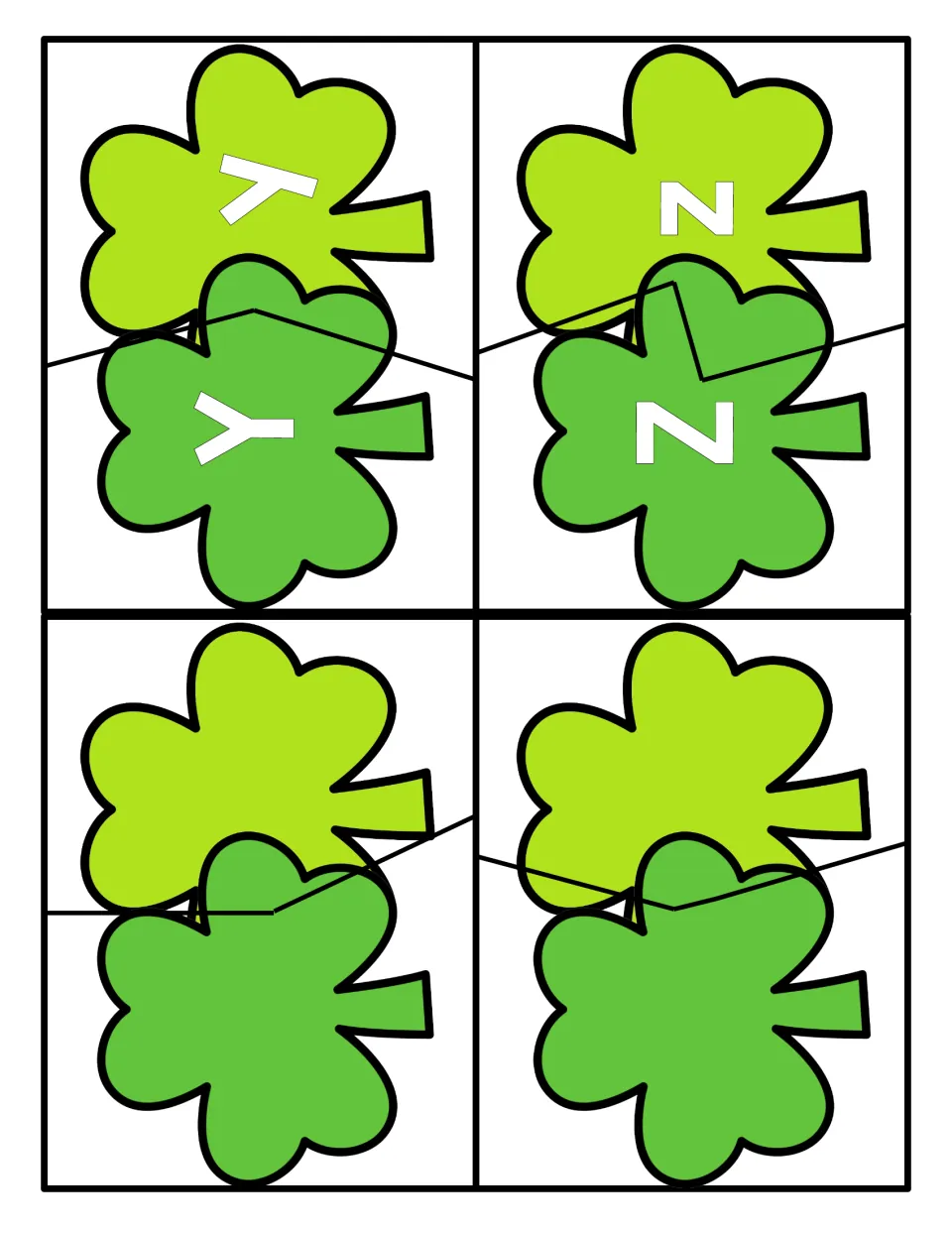 Final alphabet puzzle sheet: two-piece shamrocks matching Y/y and Z/z, plus two blank shamrock puzzles