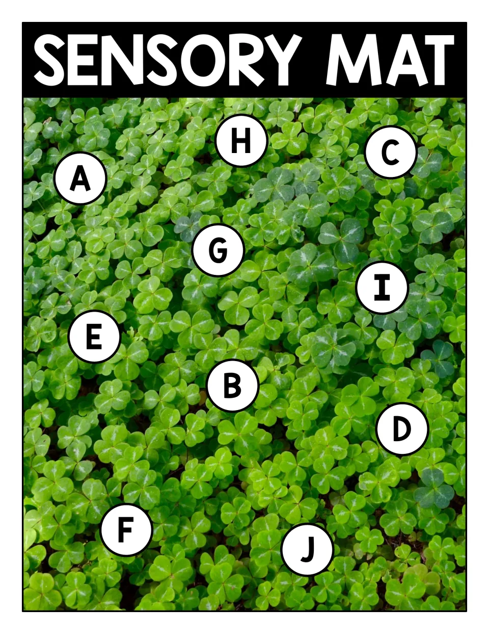 Uppercase sensory mat 1 for matching shamrock letter cards, featuring letters A, B, C, D, E, F, G, H, I, J.