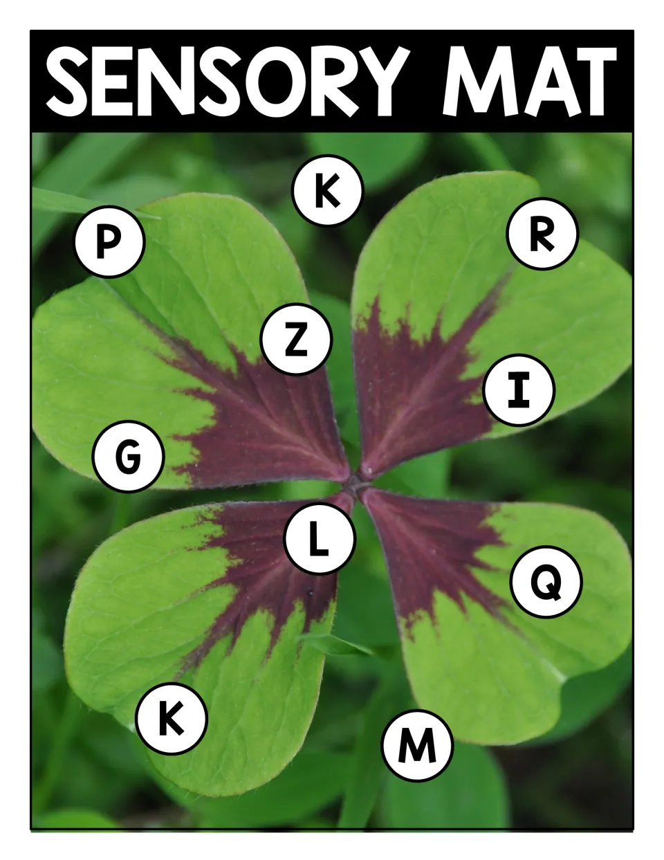 Uppercase sensory mat 2 for matching shamrock letter cards, featuring P, K, R, Z, I, G, L, Q, K, and M.