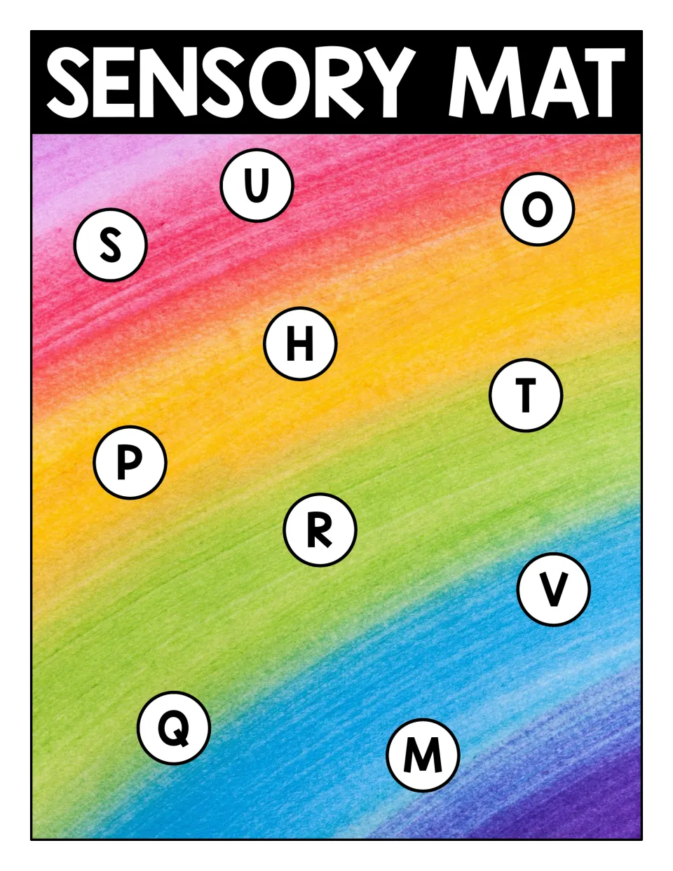 Uppercase sensory mat 3 for matching shamrock letter cards, featuring S, U, O, H, T, P, R, V, Q, and M.
