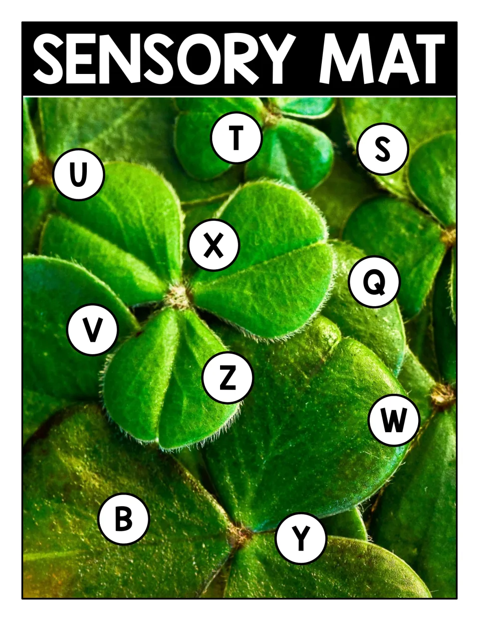 Uppercase sensory mat 4 for matching shamrock letter cards, featuring U, T, S, X, Q, V, Z, W, B, and Y.