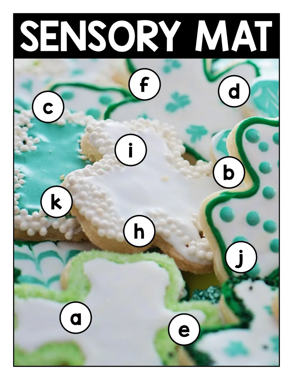 Lowercase sensory mat 1 for matching shamrock letter cards, featuring c, f, d, i, b, k, h, j, a, and e.