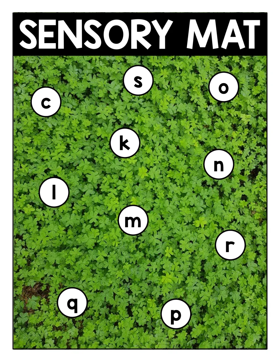 Lowercase sensory mat 2 for matching shamrock letter cards, featuring c, s, o, k, n, l, m, r, q, and p.