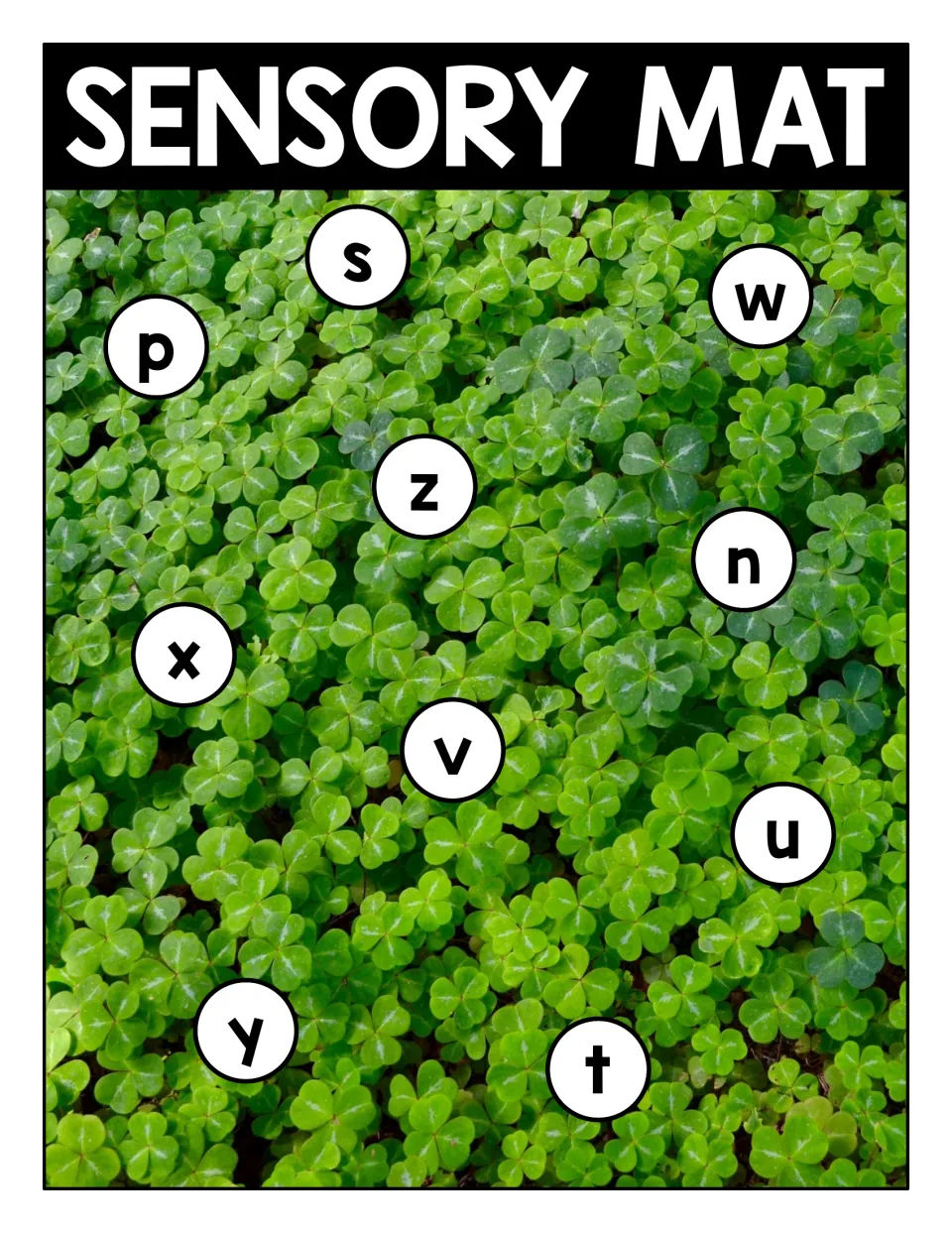 Lowercase sensory mat 3 for matching shamrock letter cards, featuring p, s, w, z, n, x, v, u, y, and t.