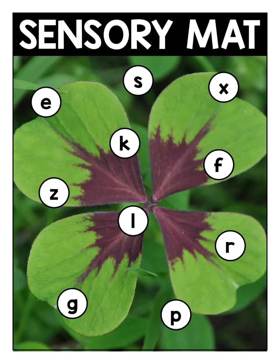Lowercase sensory mat 4 for matching shamrock letter cards, featuring e, s, x, k, f, z, l, r, g, and p.