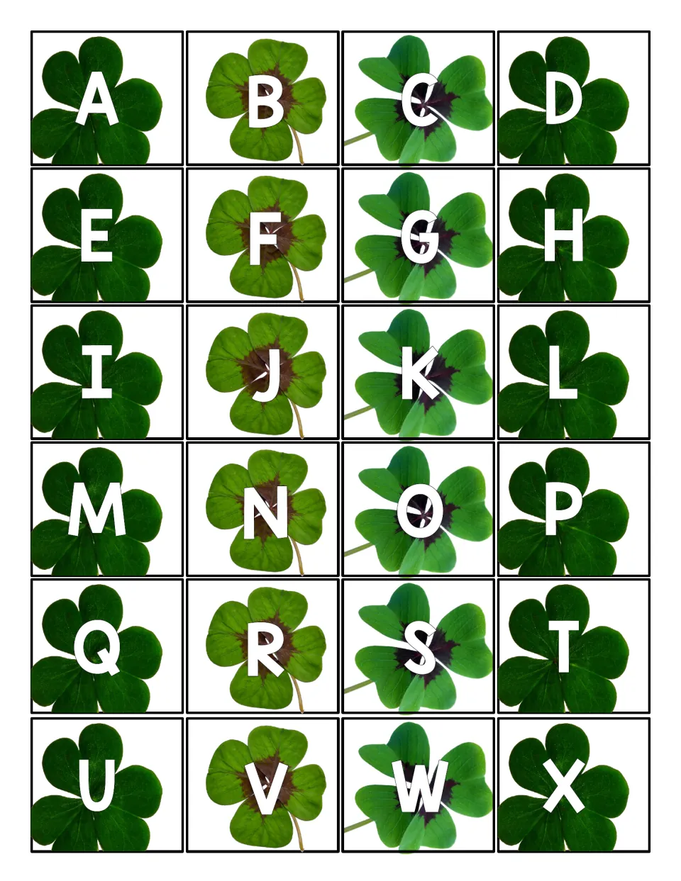 Shamrock letter cards 1–24 show uppercase A–X for matching to the letters on the eight sensory bin mats.