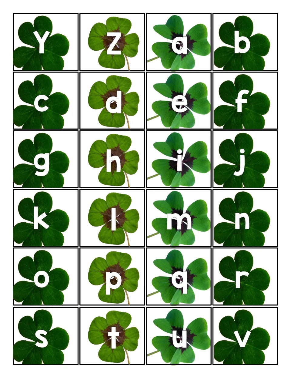 Shamrock letter cards 25–48 show uppercase Y and Z plus lowercase a–v for matching to the sensory mats.