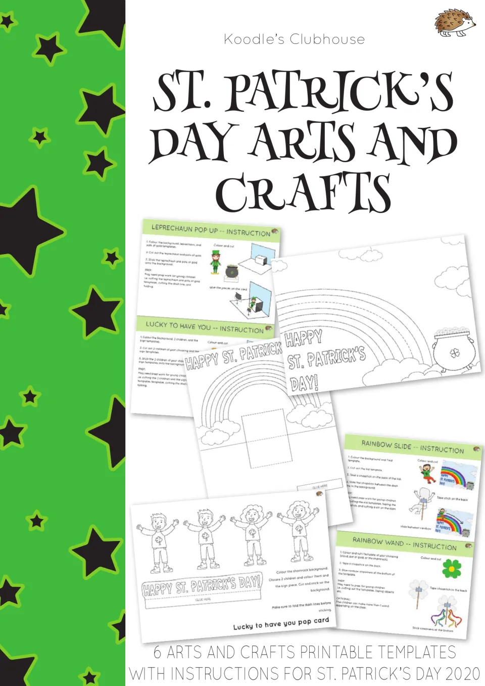 St. Patrick's Day Arts and Crafts cover: 6 printable craft templates with instructions, showing pop cards and rainbows