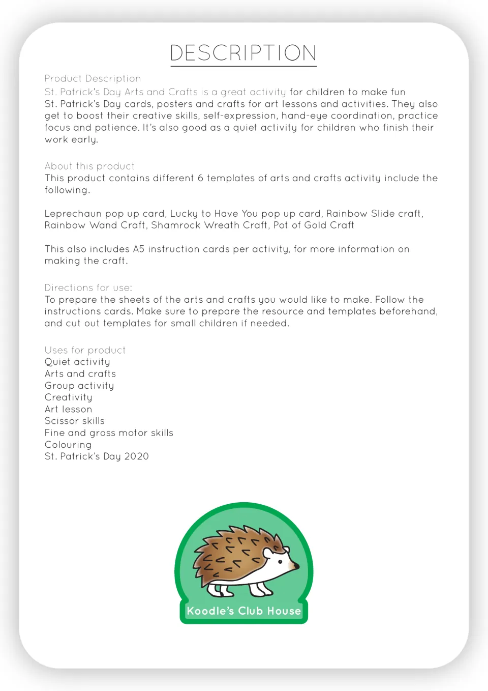 Description of the six crafts: leprechaun and friend pop up cards, rainbow slide and wand, shamrock wreath, pot of gold
