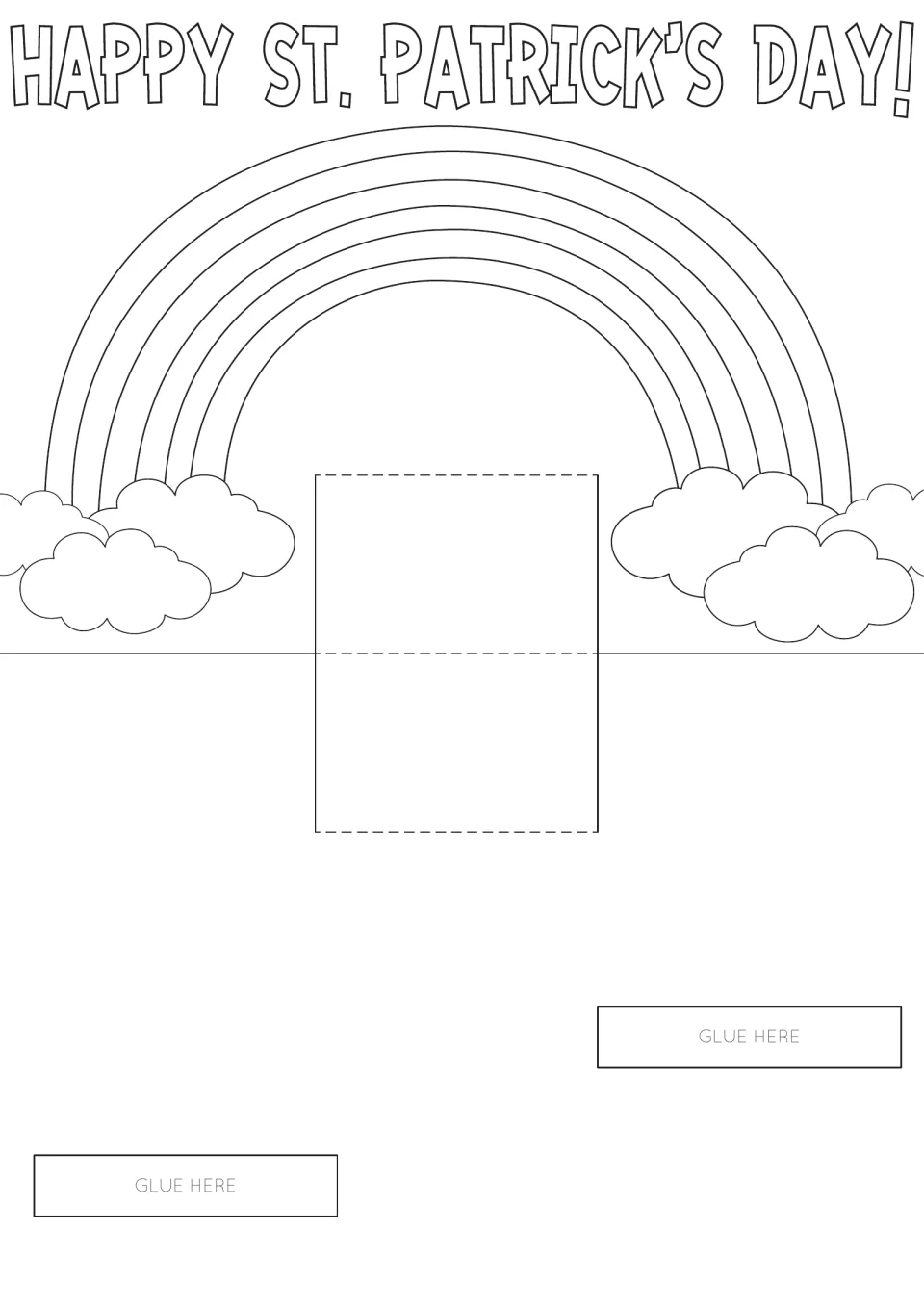Leprechaun pop card base: students colour a rainbow and clouds under a Happy St. Patrick's Day banner, then fold the tab