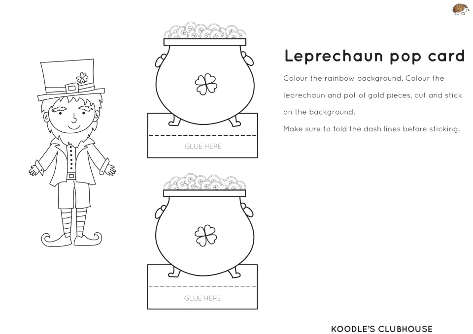 Leprechaun pop card pieces: students colour and cut out a leprechaun and two pots of gold, fold the tabs and glue