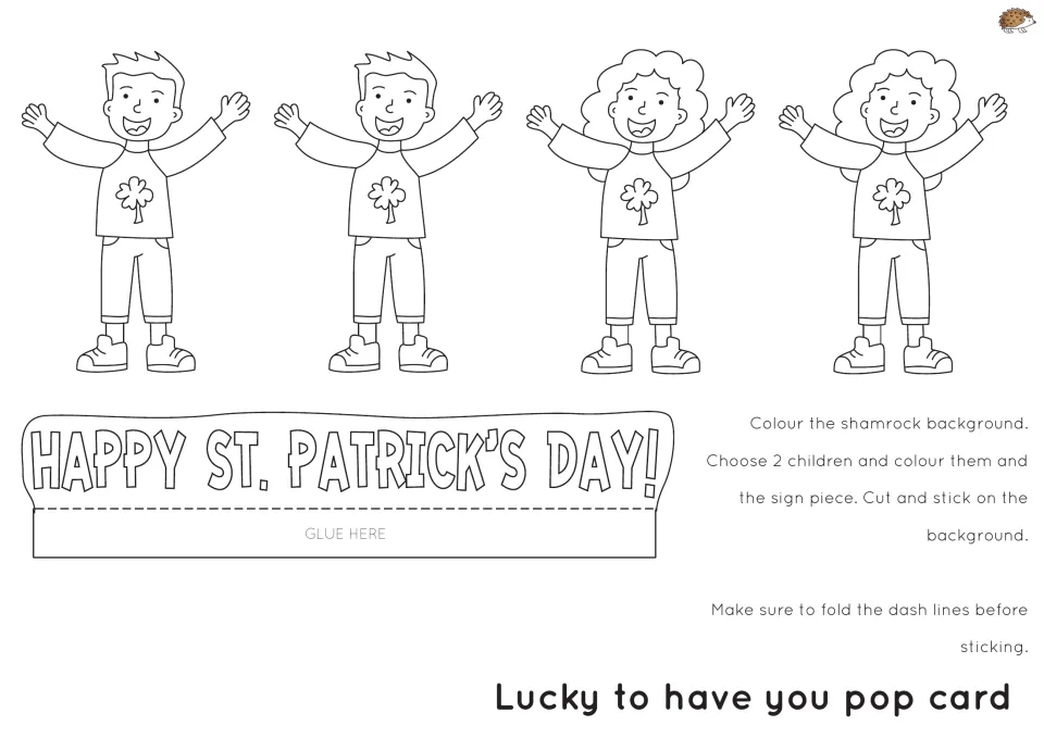 Lucky to have you pop card pieces: students choose two of four children and a holiday sign, colour, cut, fold and glue