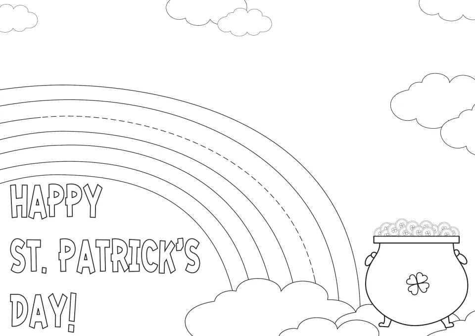 Rainbow slide background to colour: a rainbow with a dashed slit, a pot of gold and Happy St. Patrick's Day lettering