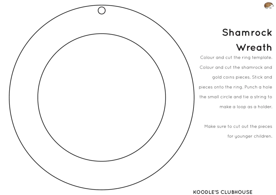 Shamrock Wreath: students colour and cut a ring template, stick on shamrock and gold coin pieces, then add a string loop