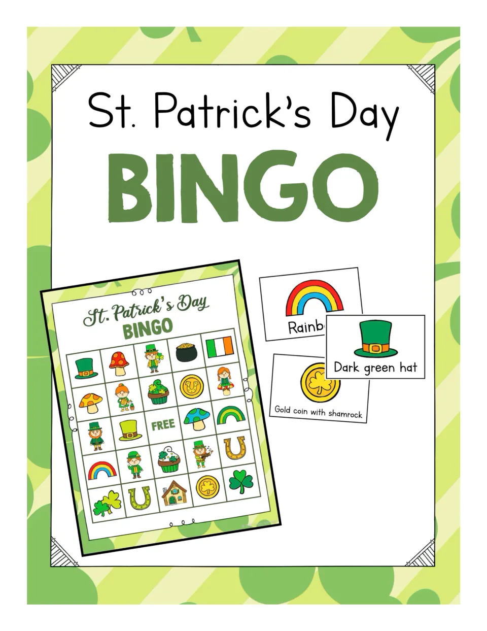 St. Patrick's Day Bingo cover showing a sample student board and rainbow, hat, and gold coin calling cards