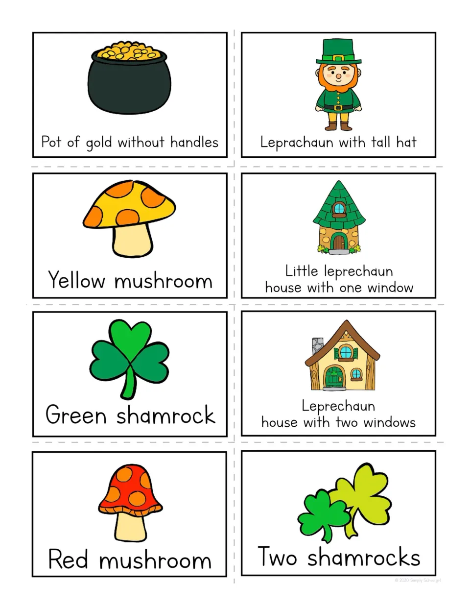 Bingo calling cards 1–8: pot of gold, tall-hat leprechaun, two mushrooms, two houses, and two shamrock pictures